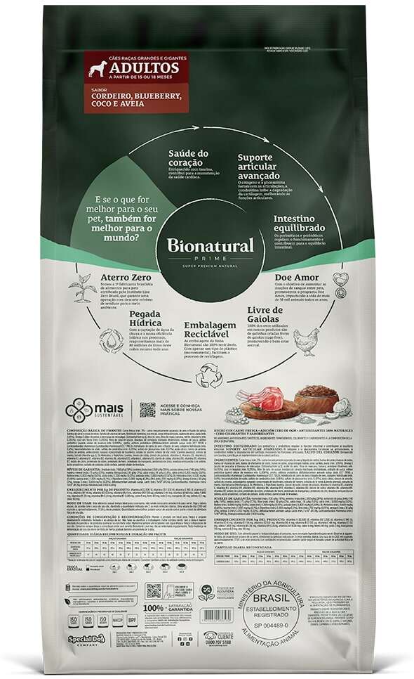 Ração Seca Bionatural Prime para Cães Adultos Raças Grandes e Gigantes sabor Cordeiro - 15Kg