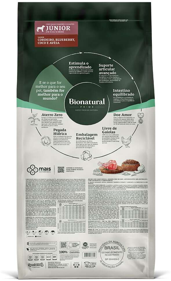 Ração Seca Bionatural Prime para Cães Filhotes Raças Grandes e Gigantes sabor Cordeiro - 20Kg