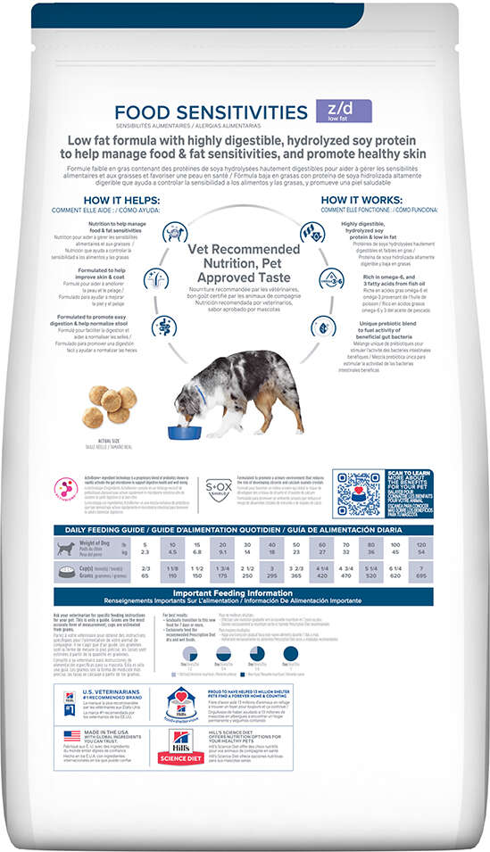 Ração Seca Hill's Prescription Diet z/d Food Sensitivities para Cães Adultos e Sênior sabor Frango - 3,6Kg.