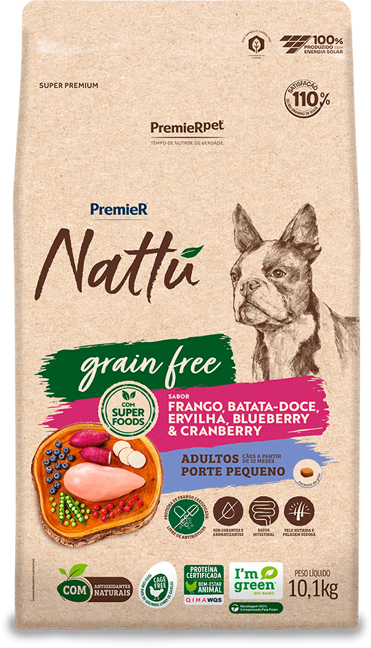 Ração Seca Premier Pet Nattú Grain Free para Cães Adultos Raça Pequena sabor Frango e Vegetais - 10,1Kg