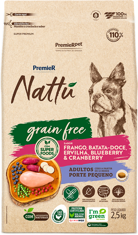Ração Seca Premier Pet Nattú Grain Free para Cães Adultos Raça Pequena sabor Frango e Vegetais - 2,5Kg