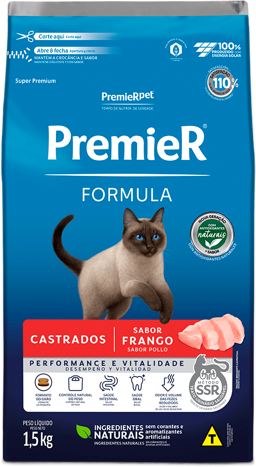 Ração Seca Premier Pet Formula para Gatos Castrados sabor Frango - 1,5Kg