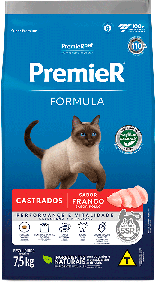 Ração Seca Premier Pet Formula para Gatos Castrados sabor Frango - 7,5Kg