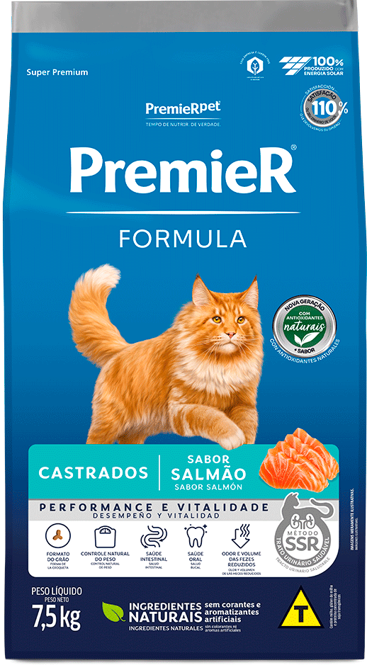 Ração Seca Premier Pet Formula para Gatos Castrados sabor Salmão - 7,5Kg