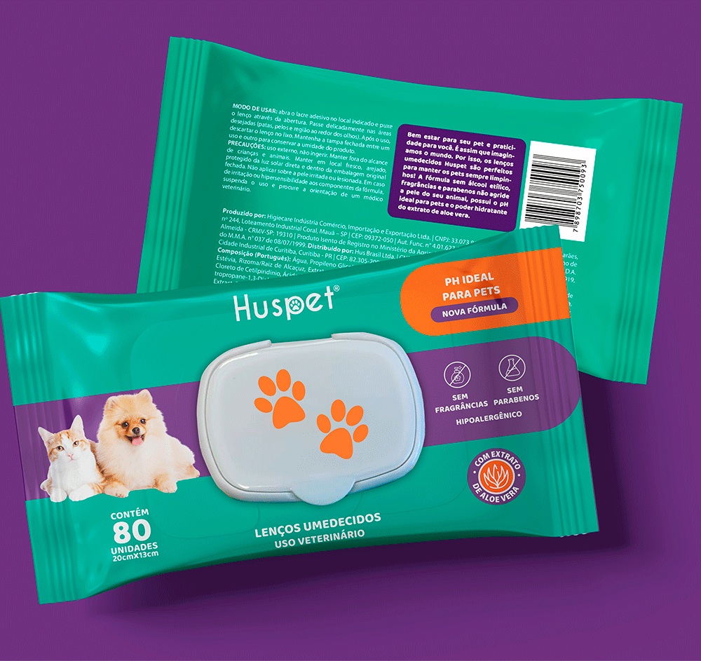 Lenço Umedecido Huspet para Cães e Gatos - 80 Unidades