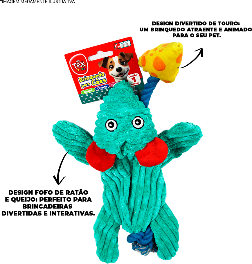 Brinquedo Pelúcia Tex Brasil Ratão e Queijo com Corda Verde para Cães - Tam. Único