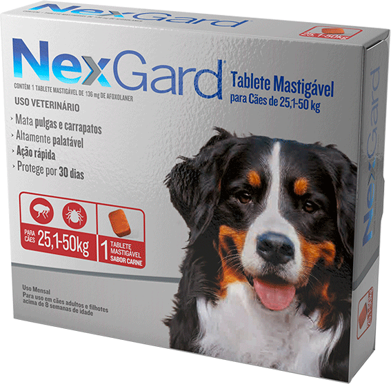 Antipulgas e Carrapatos NexGard 136 mg para Cães de 25,1 a 50Kg - 1 Comprimido