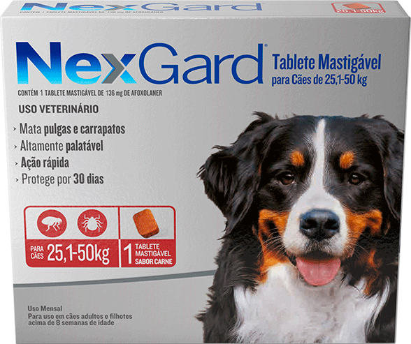 Antipulgas e Carrapatos NexGard 136 mg para Cães de 25,1 a 50Kg - 1 Comprimido