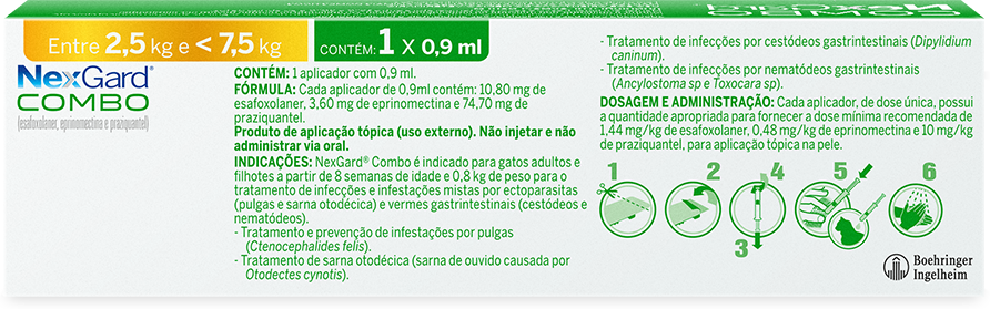 Antiparasitário NexGard Combo 10,8 mg para Gatos de 2,5 a 7,5Kg - 1 Pipeta