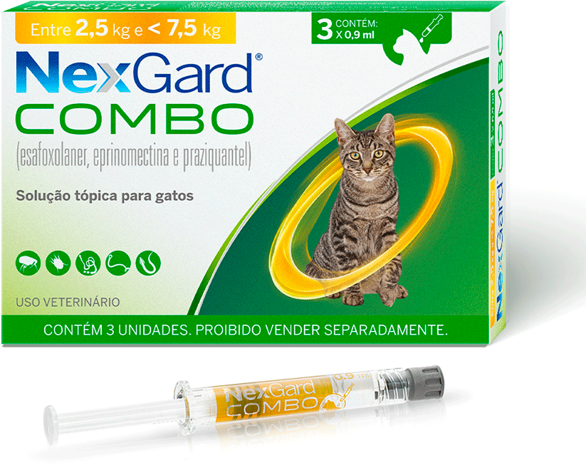 Antiparasitário NexGard Combo 10,8 mg para Gatos de 2,5 a 7,5Kg - 3 Pipetas