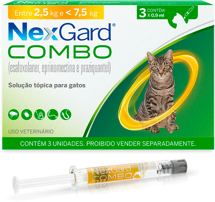Antiparasitário NexGard Combo 10,8 mg para Gatos de 2,5 a 7,5Kg - 3 Pipetas