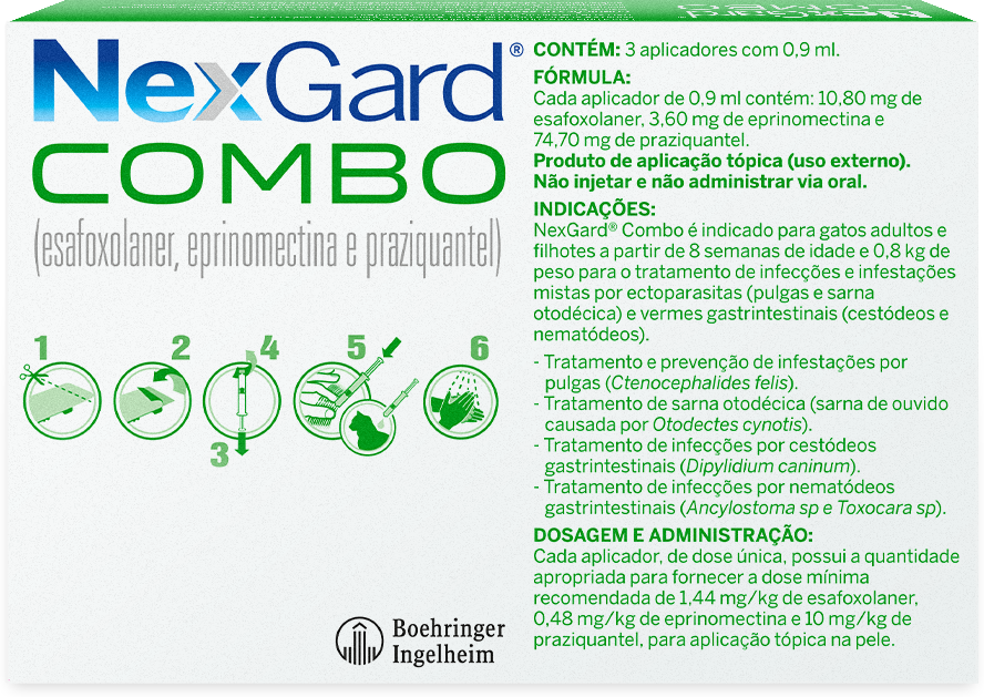 Antiparasitário NexGard Combo 10,8 mg para Gatos de 2,5 a 7,5Kg - 3 Pipetas