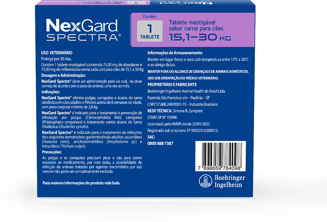 Antipulgas e Carrapatos NexGard Spectra 75 mg para Cães de 15,1 a 30Kg - 1 Comprimido