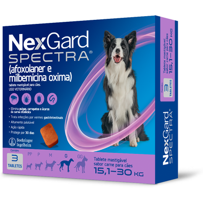 Antipulgas, Carrapatos e Vermífugo NexGard Spectra para Cães de 15,1 a 30 Kg - 3 Tabletes
