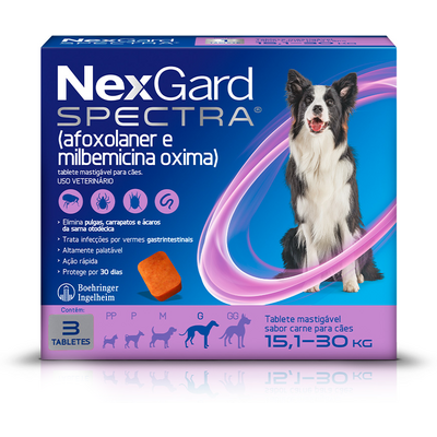 Antipulgas, Carrapatos e Vermífugo NexGard Spectra para Cães de 15,1 a 30 Kg - 3 Tabletes

