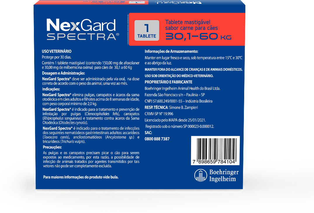 Antipulgas e Carrapatos NexGard Spectra 150 mg para Cães de 30,1 a 60Kg - 1 Comprimido