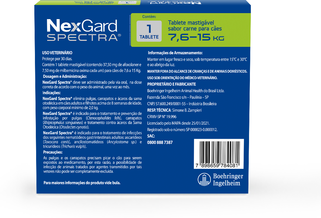 Antipulgas e Carrapatos NexGard Spectra 37,5 mg para Cães de 7,6 a 15Kg - 1 Comprimido