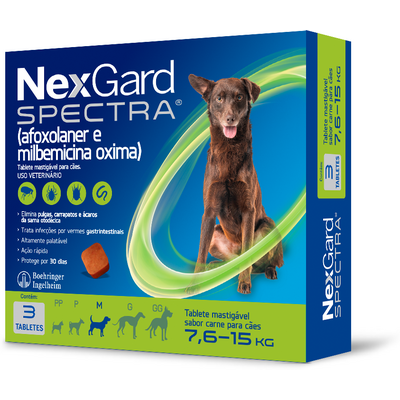 Antipulgas, Carrapatos e Vermifugo NexGard Spectra para Cães de 7,6 a 15 Kg - 3 Tabletes
