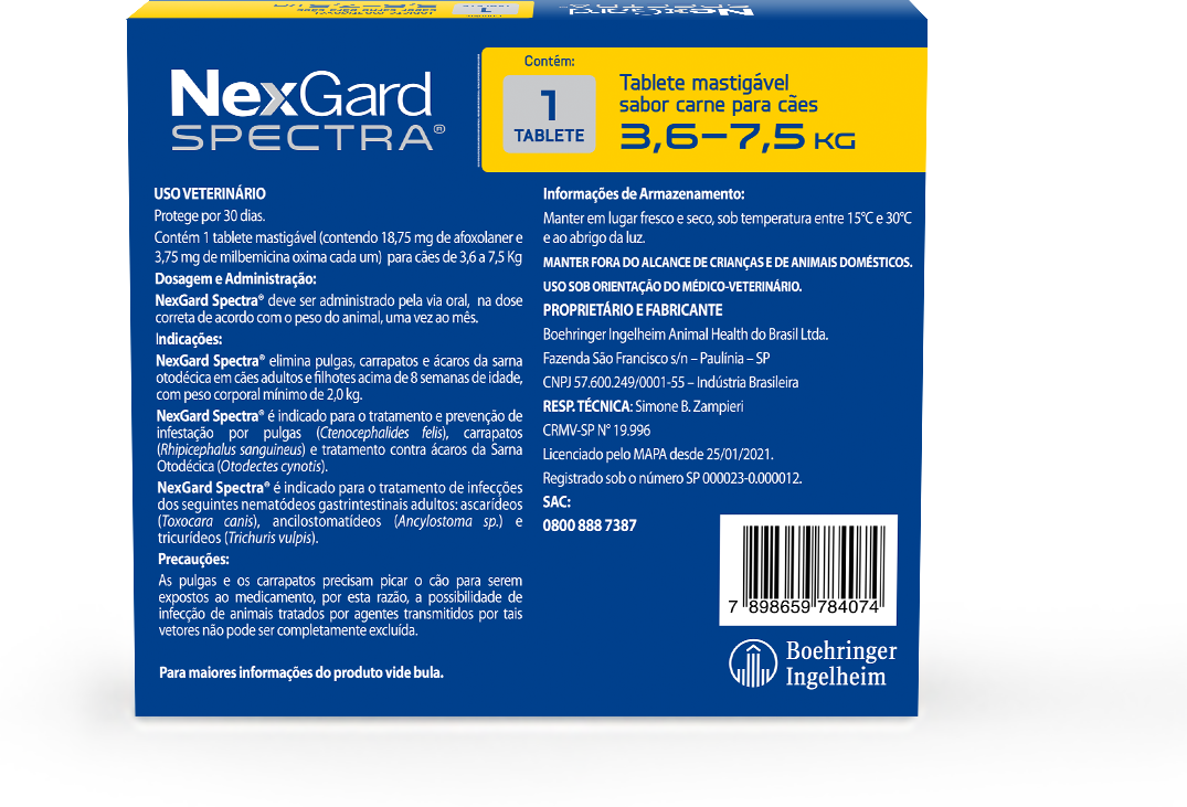 Antipulgas e Carrapatos NexGard Spectra 18,75 mg para Cães de 3,6 a 7,5Kg - 1 Comprimido