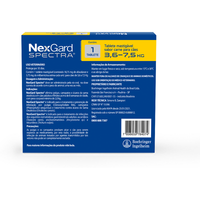 Antipulgas e Carrapatos NexGard Spectra para Cães de 3,6 a 7,5 Kg - 1 Tablete
