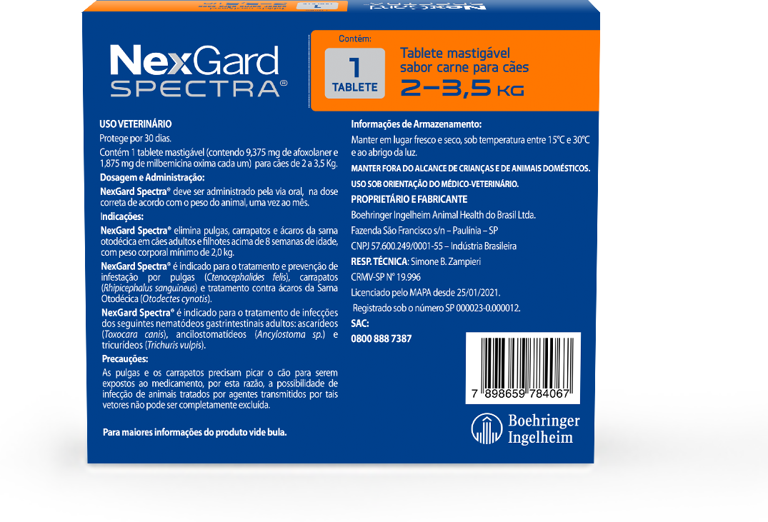 Antipulgas e Carrapatos NexGard Spectra 9,375 mg para Cães de 2 a 3,5Kg - 1 Comprimido