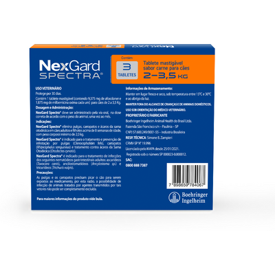 Antipulgas, Carrapatos e Vermífugo NexGard Spectra para Cães de 2 a 3,5 Kg - 3 Tabletes
