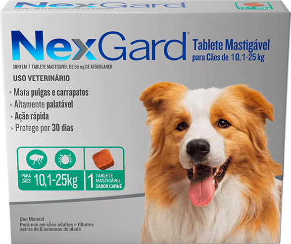 Antipulgas e Carrapatos NexGard 68 mg para Cães de 10,1 a 25Kg - 1 Comprimido