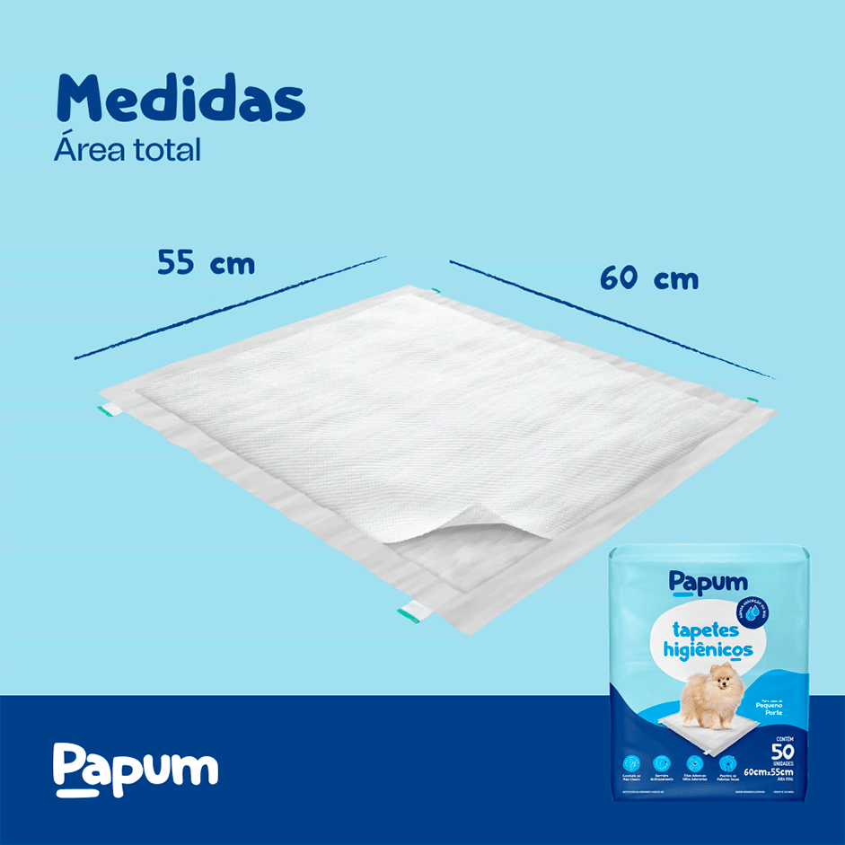 Tapete Higiênico Papum 60x55cm para Cães de Pequeno Porte - 50 Unidades