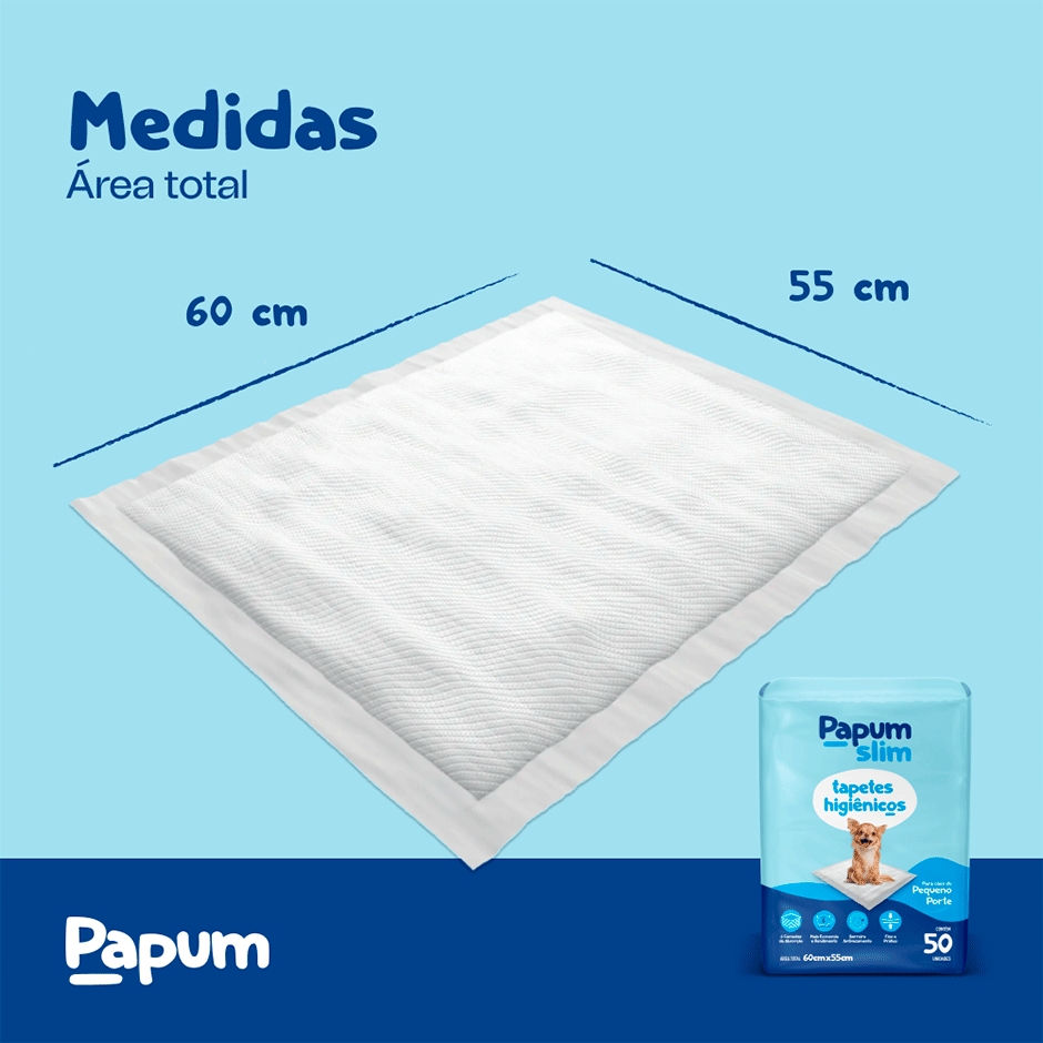 Tapete Higiênico Papum Econômico Slim 60x55cm para Cães de Porte Pequeno - 50 Unidades