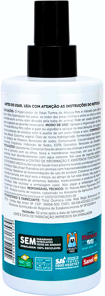 Higienizador Turma da Mônica Pets Patas para Cães e Gatos - 250 mL