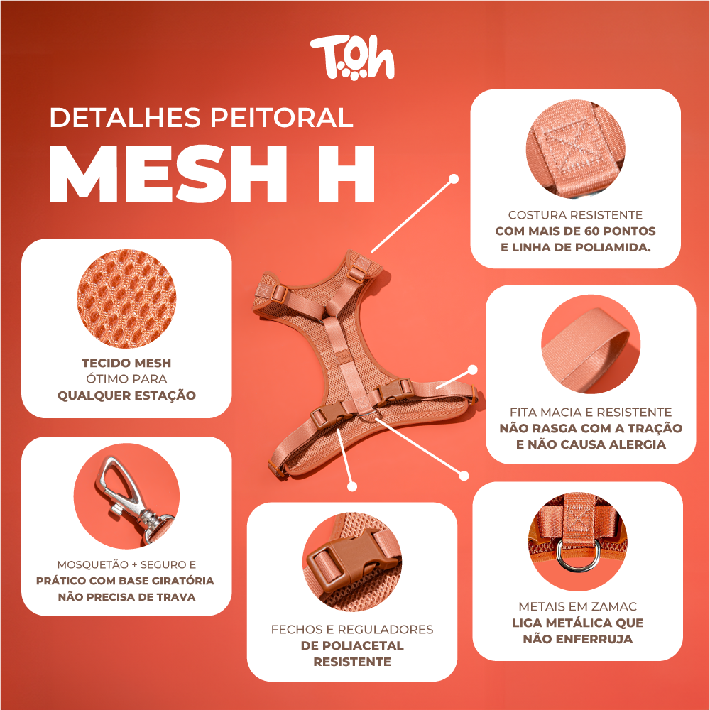 Conjunto Peitoral Mesh H e Guia Toh Bruma para Cães - Tam. P