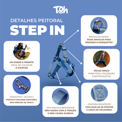Conjunto Peitoral Step In e Guia Toh Black para Cães