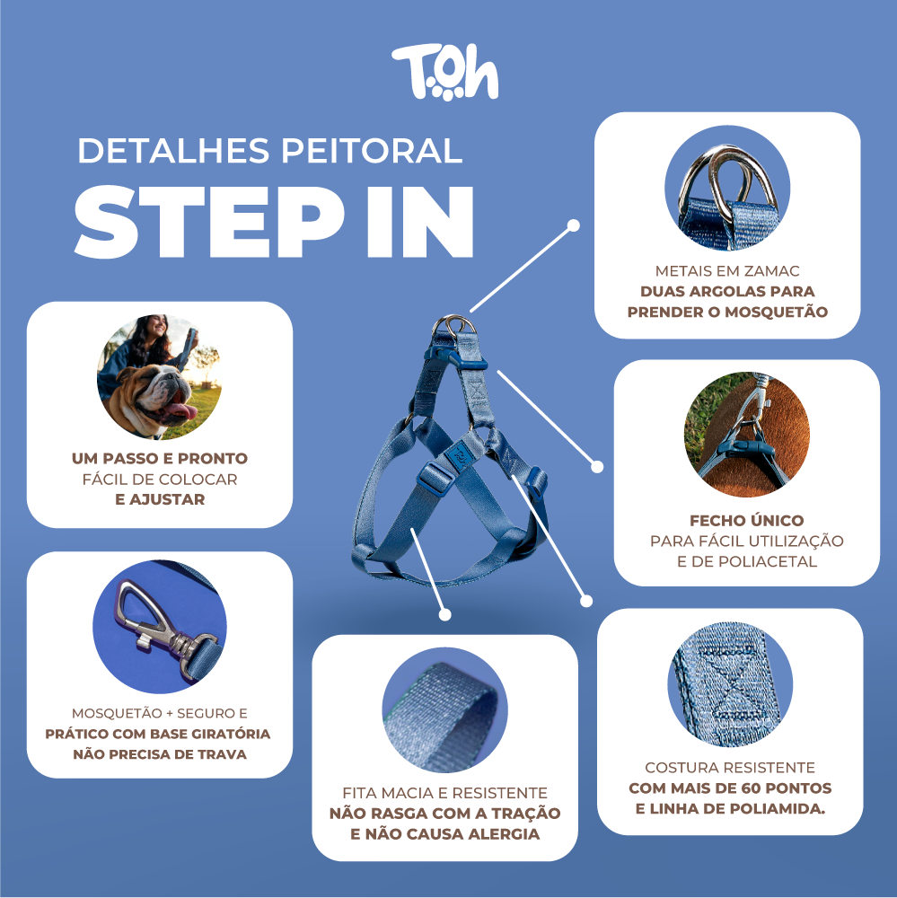 Conjunto Peitoral Step In e Guia Toh Coral para Cães - Tam. P