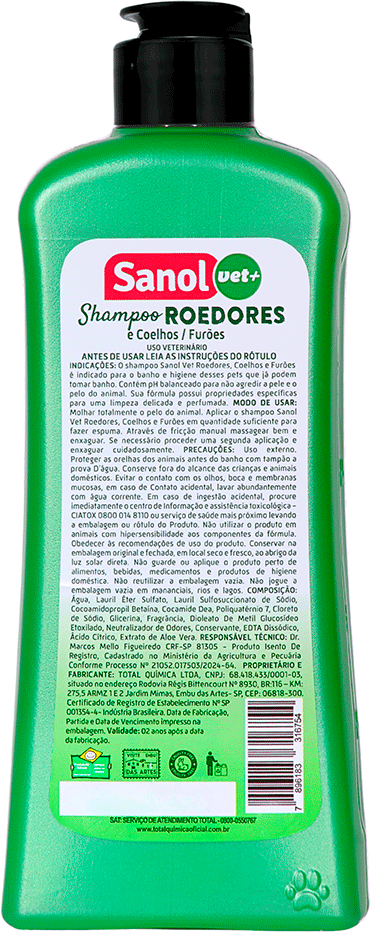 Shampoo Sanol Vet + Verde para Roedores, Coelhos/Furões - 500 mL