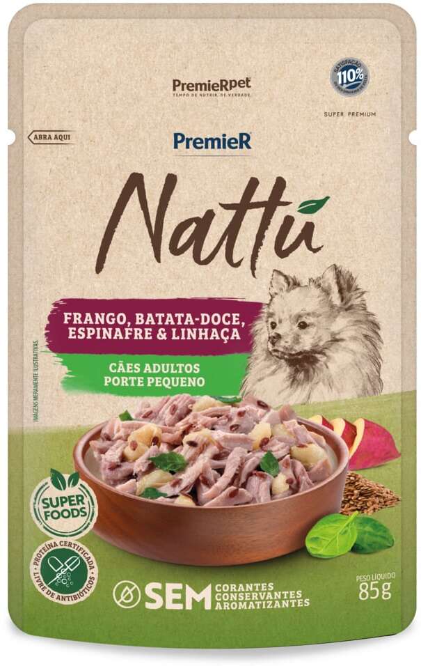 Ração Úmida Premier Nattú para Cães Adultos Raças Pequenas sabor Frango e Batata-Doce - 85 g