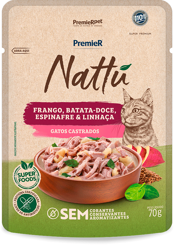 Ração Úmida Premier Nattú para Gatos Castrados sabor Frango e Batata-Doce - 70 g