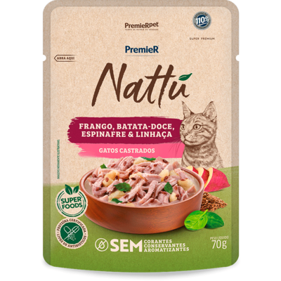 Ração Úmida Premier Nattú para Gatos Castrados sabor Frango e Batata-Doce
