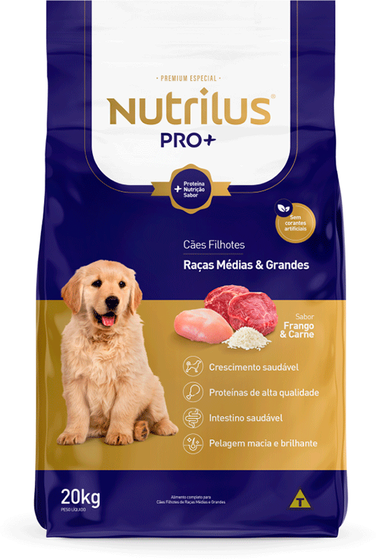 Ração Seca Nutrilus Pro+ Frango & Carne para Cães Filhotes de Raças Médias e Grandes - 20Kg