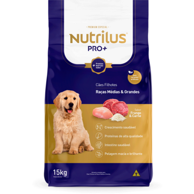 Ração Seca Nutrilus Pro+ Frango & Carne para Cães Filhotes de Raças Médias e Grandes