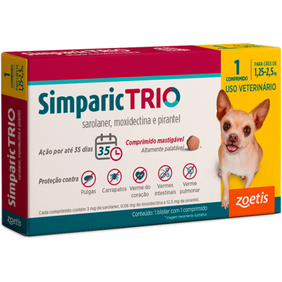 Antipulgas Zoetis Simparic Trio 3 mg para Cães de 1,5 Kg a 2,5 Kg