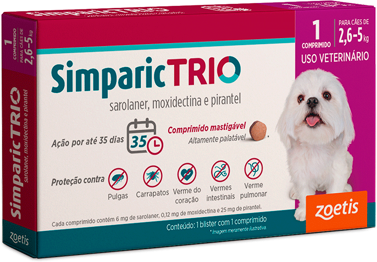 Antipulgas Simparic Trio 6 mg para Cães de 2,6 a 5Kg - 1 Comprimido