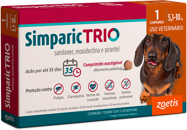 Antipulgas Simparic Trio 12 mg para Cães de 5,1 a 10Kg - 1 Comprimido