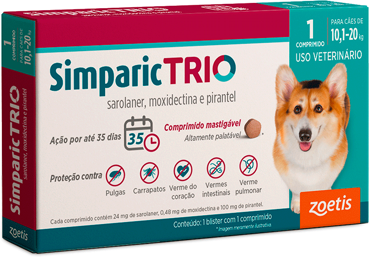Antipulgas Simparic Trio 24 mg para Cães de 10,1 a 20Kg - 1 Comprimido