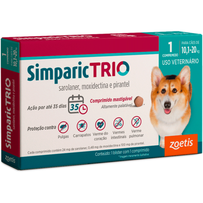 Antipulgas Zoetis Simparic Trio 24mg para Cães de 10,1 Kg a 20 Kg