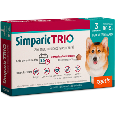 Antipulgas Zoetis Simparic Trio 24mg para Cães de 10,1 Kg a 20 Kg