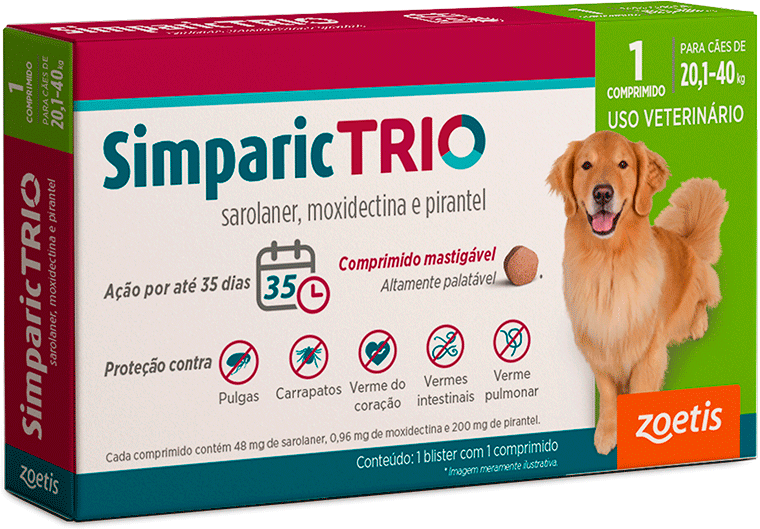 Antipulgas Simparic Trio 48 mg para Cães de 20,1 a 40Kg - 1 Comprimido