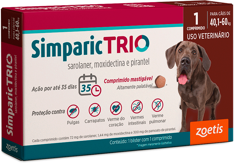 Antipulgas Simparic Trio 72 mg para Cães de 40,1 a 60Kg - 1 Comprimido