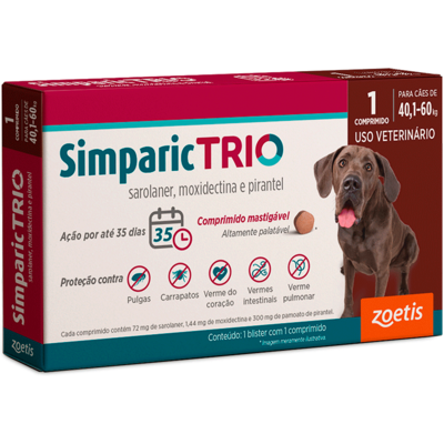 Antipulgas Zoetis Simparic Trio 72 mg para Cães de 40,1 Kg a 60 Kg