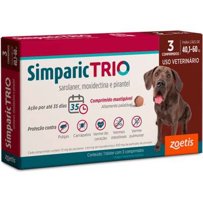 Antipulgas Zoetis Simparic Trio 72 mg para Cães de 40,1 Kg a 60 Kg