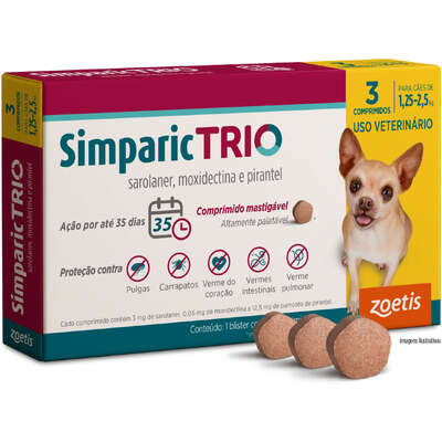 Antipulgas Zoetis Simparic Trio 3 mg para Cães de 1,5 Kg a 2,5 Kg